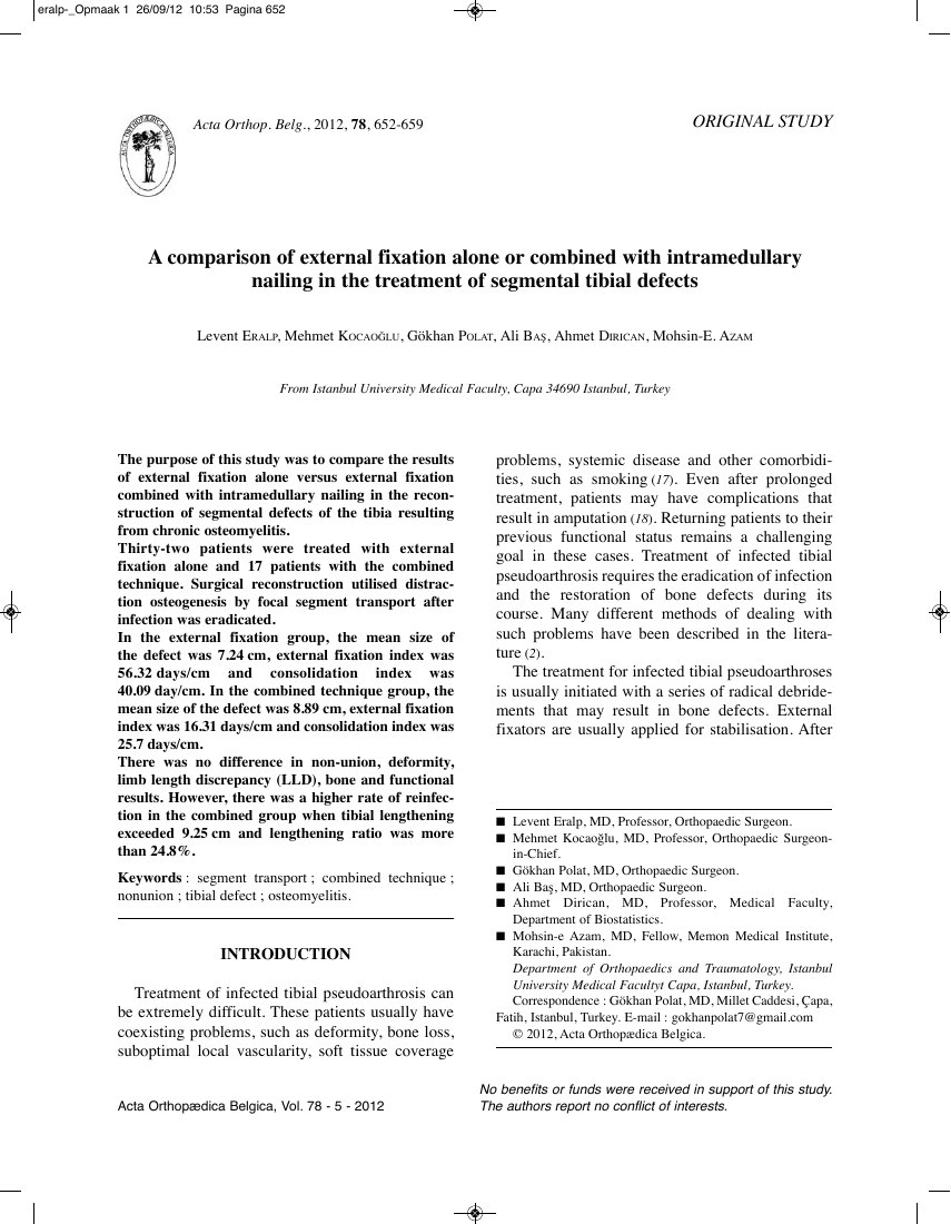 A comparison of external fixation alone or combined with intramedullary nailing in the treatment of segmental tibial defects — ilk sayfa