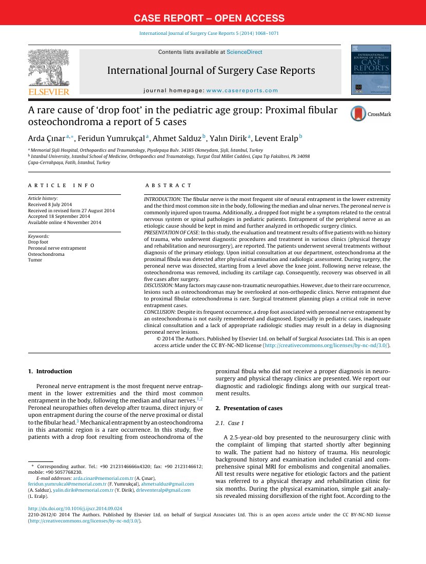 A rare cause of 'drop foot' in the pediatric age group: Proximal fibular osteochondroma a report of 5 cases — ilk sayfa
