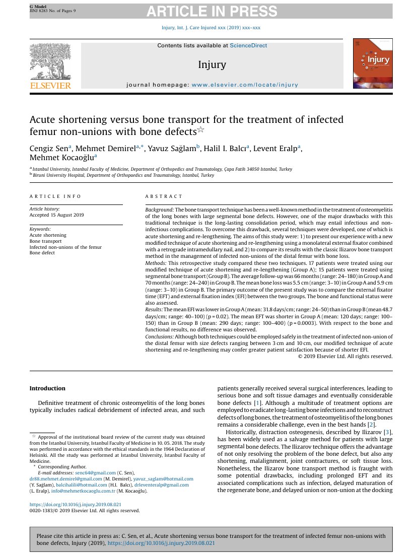 Acute shortening versus bone transport for the treatment of infected femur non-unions with bone defects — ilk sayfa
