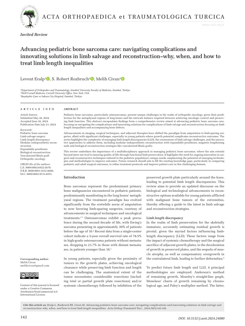 Advancing pediatric bone sarcoma care: navigating complications and innovating solutions in limb salvage and reconstruction-why, when, and how to treat limb length inequalities — ilk sayfa