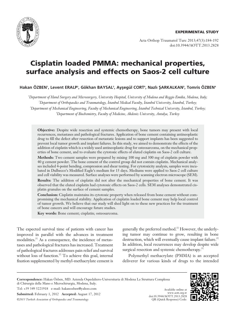 Cisplatin loaded PMMA: mechanical properties, surface analysis and effects on Saos-2 cell culture — ilk sayfa