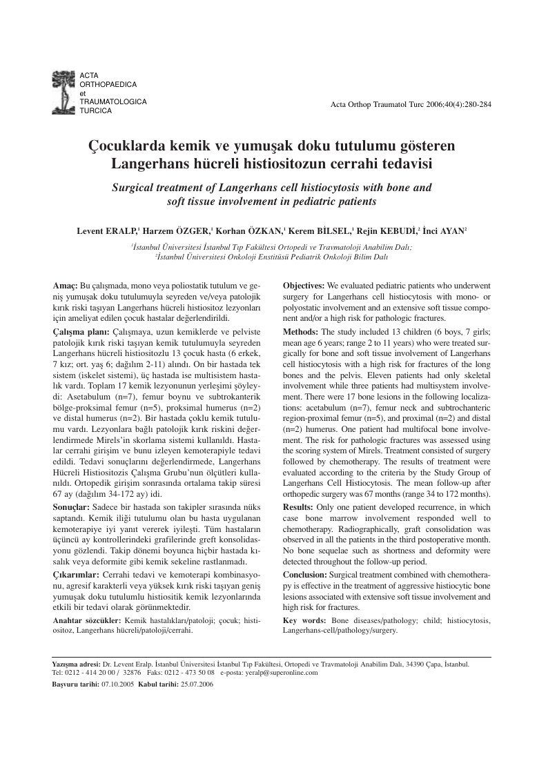 Cocuklarda kemik ve yumuşak doku tutulumu gösteren Langerhans hücreli histiositozun cerrahi tedavisi [Surgical treatment of Langerhans cell histiocytosis with bone and soft tissue involvement in pediatric patients] — ilk sayfa
