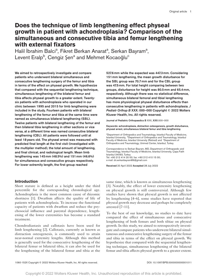 Does the technique of limb lengthening affect physeal growth in patient with achondroplasia? Comparison of the simultaneous and consecutive tibia and femur lengthening with external fixators — ilk sayfa