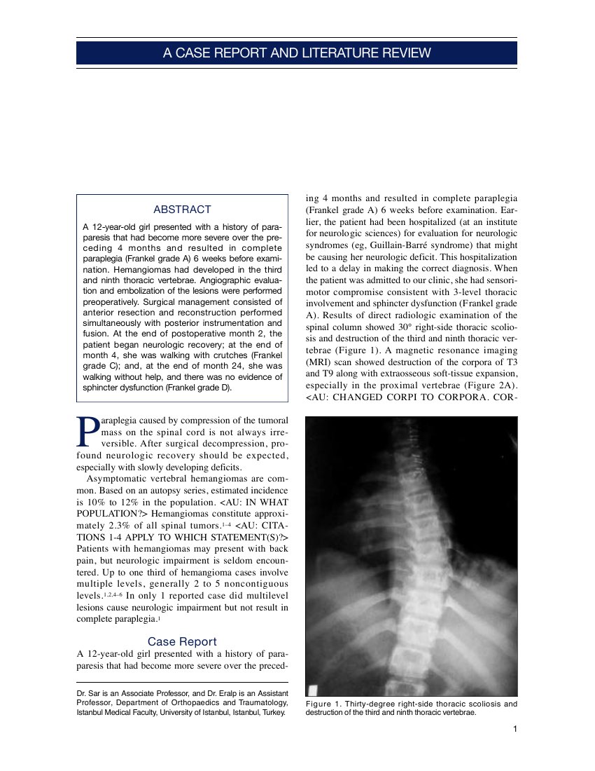 Double thoracic vertebral hemangioma causing complete paraplegia — ilk sayfa