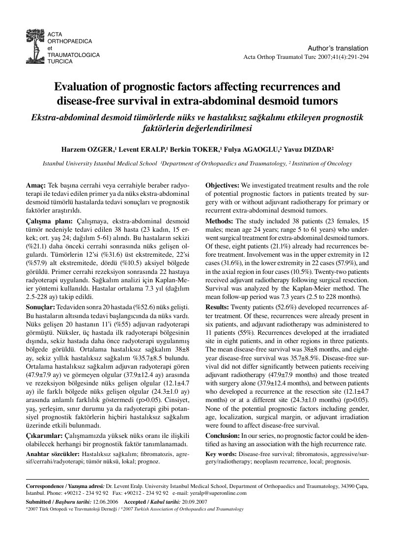 Ekstra-abdominal desmoid tümörlerde nüks ve hastaliksiz sağkalimi etkileyen prognostik faktörlerin değerlendirilmesi [Evaluation of prognostic factors affecting recurrences and disease-free survival in extra-abdominal desmoid tumors] — ilk sayfa