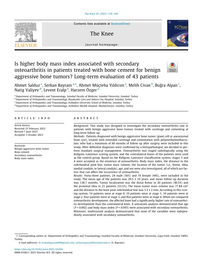 Is higher body mass index associated with secondary osteoarthritis in patients treated with bone cement for benign aggressive bone tumors? Long-term evaluation of 43 patients — ilk sayfa