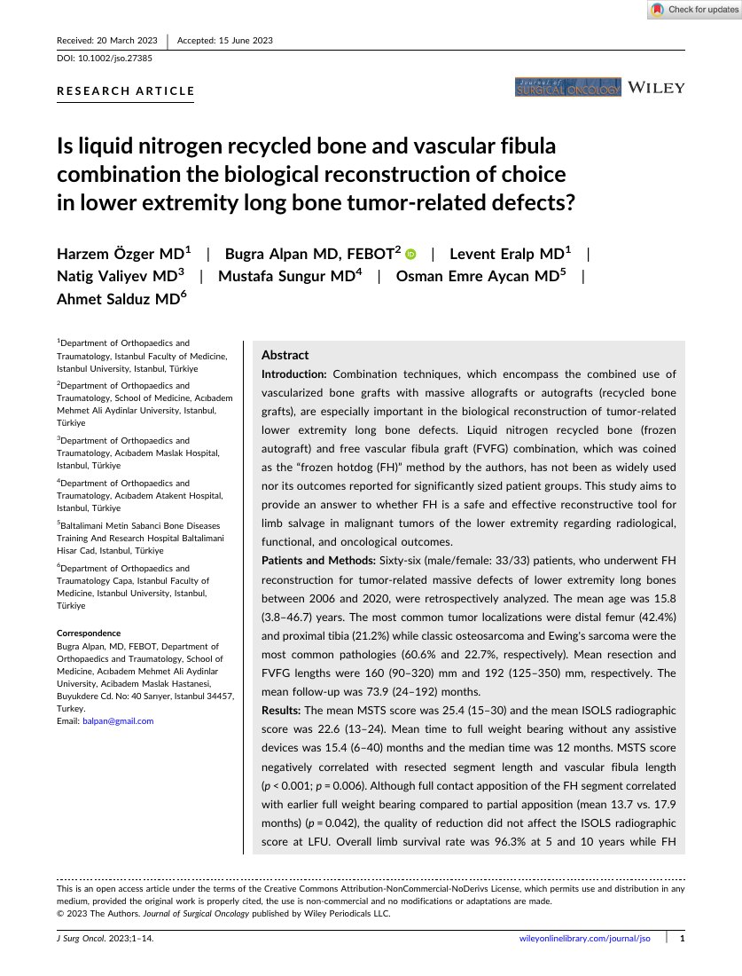 Is liquid nitrogen recycled bone and vascular fibula combination the biological reconstruction of choice in lower extremity long bone tumor-related defects? J Surg Oncol — ilk sayfa