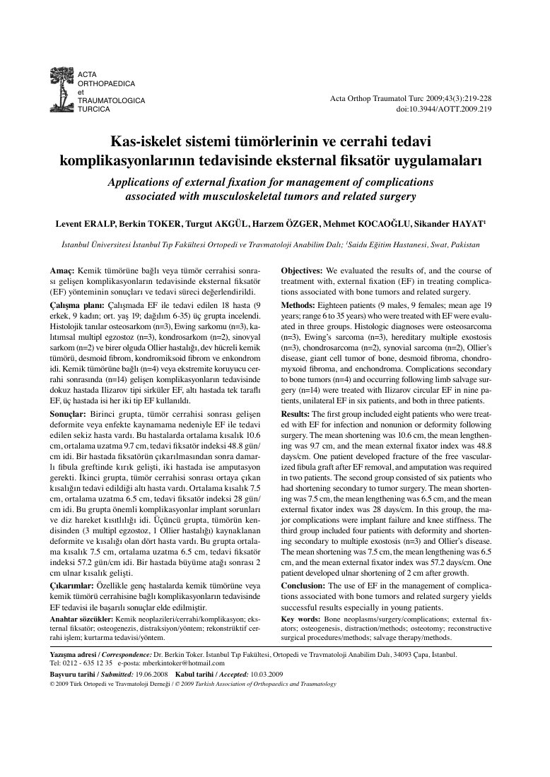 Kas-iskelet sistemi tümörlerinin ve cerrahi tedavi komplikasyonlarinin tedavisinde eksternal fiksatör uygulamalari [Applications of external fixation for management of complications associated with musculoskeletal tumors and related surgery] — ilk sayfa