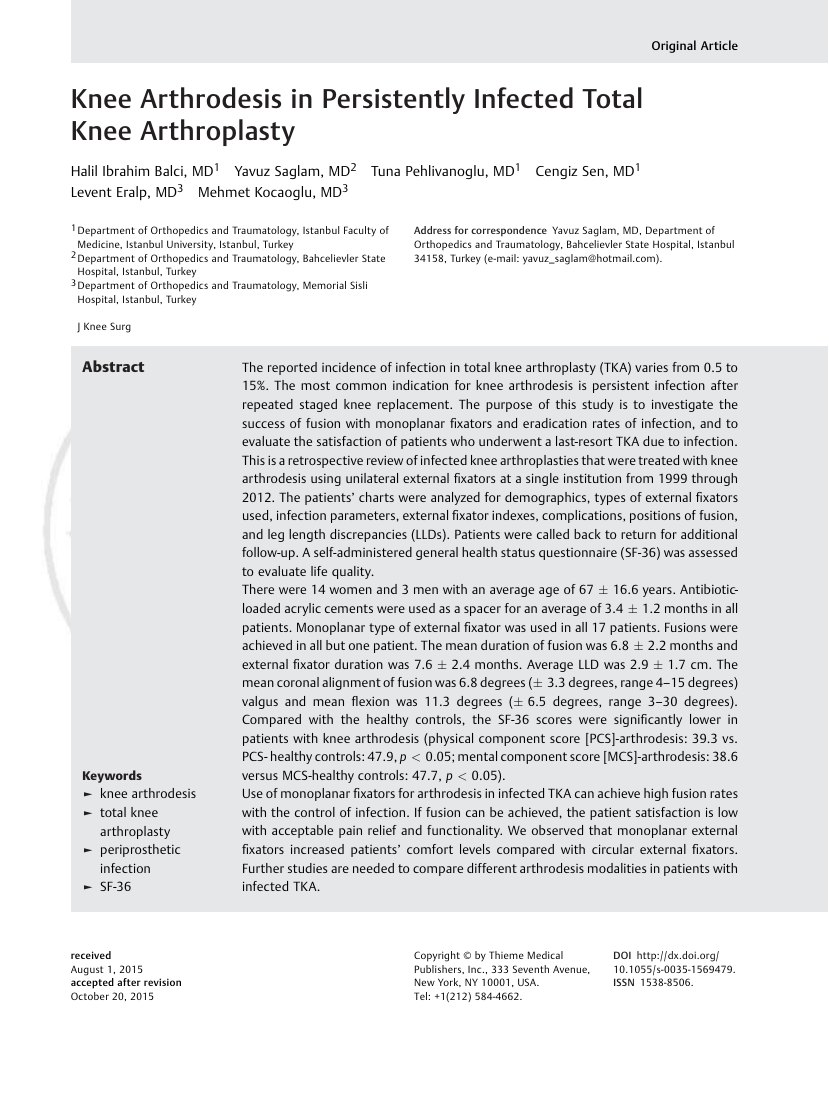 Knee Arthrodesis in Persistently Infected Total Knee Arthroplasty — ilk sayfa