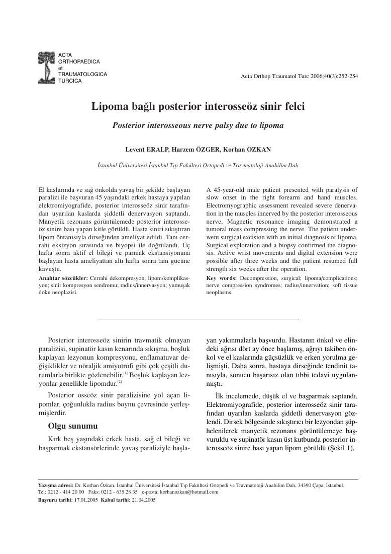 Lipoma bağli posterior interosseöz sinir felci [Posterior interosseous nerve palsy due to lipoma] — ilk sayfa