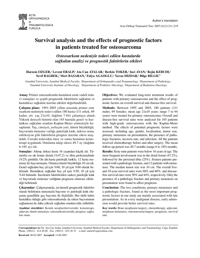 Osteosarkom nedeniyle tedavi edilen hastalarda sağkalim analizi ve prognostik faktörlerin etkileri [Survival analysis and the effects of prognostic factors in patients treated for osteosarcoma] — ilk sayfa