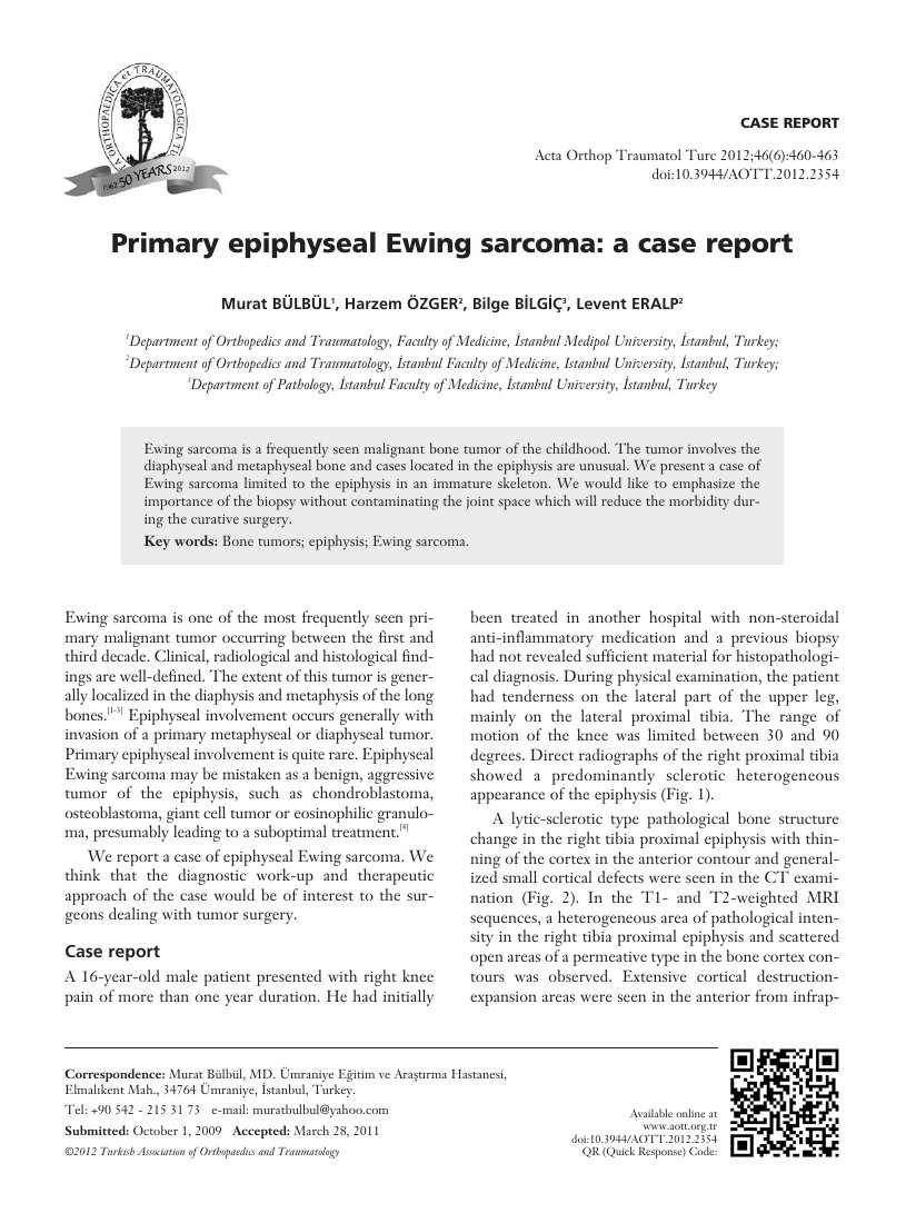Primary epiphyseal Ewing sarcoma: a case report — ilk sayfa