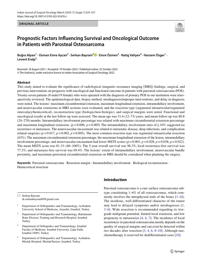 Prognostic Factors Influencing Survival and Oncological Outcome in Patients with Parosteal Osteosarcoma — ilk sayfa