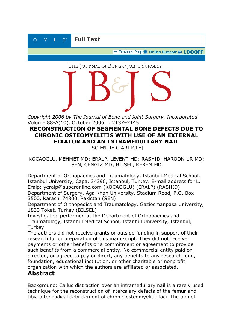 Reconstruction of segmental bone defects due to chronic osteomyelitis with use of an external fixator and an intramedullary nail — ilk sayfa