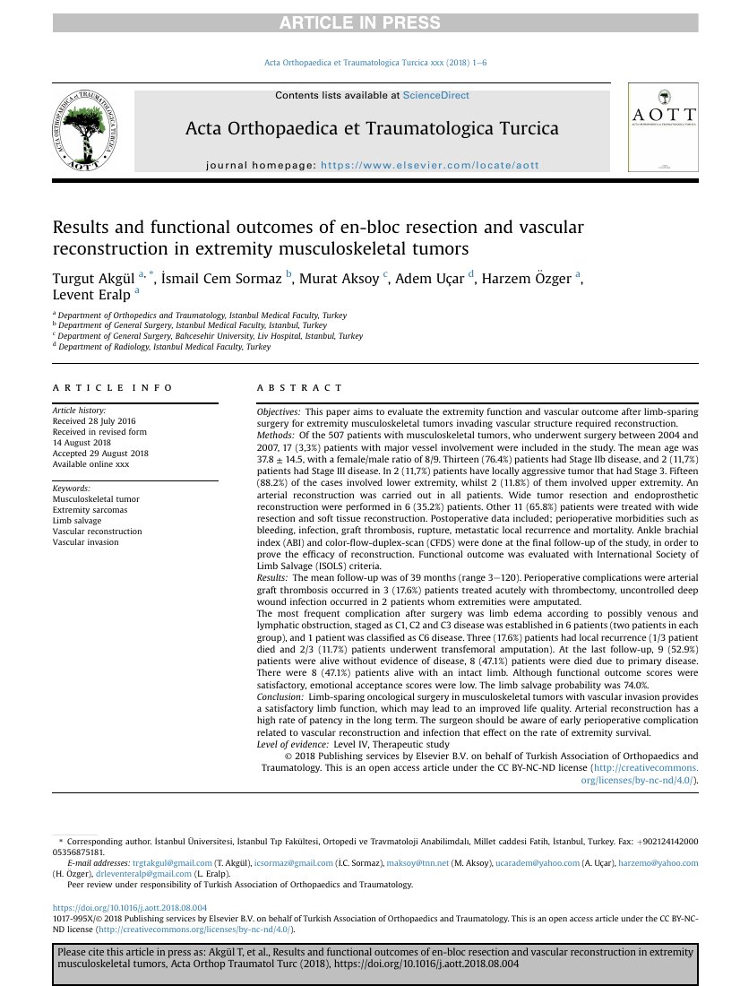 Results and functional outcomes of en-bloc resection and vascular reconstruction in extremity musculoskeletal tumors — ilk sayfa