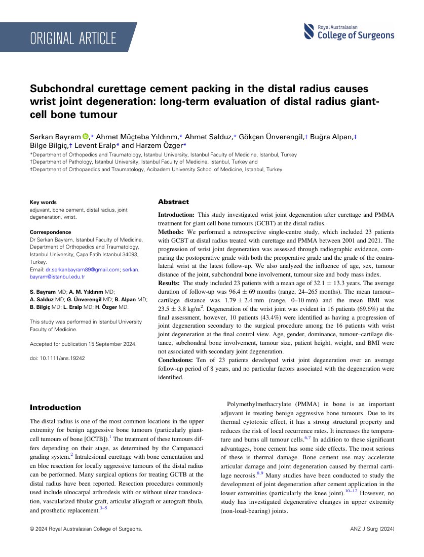 Subchondral curettage cement packing in the distal radius causes wrist joint degeneration: long-term evaluation of distal radius giant-cell bone tumour — ilk sayfa