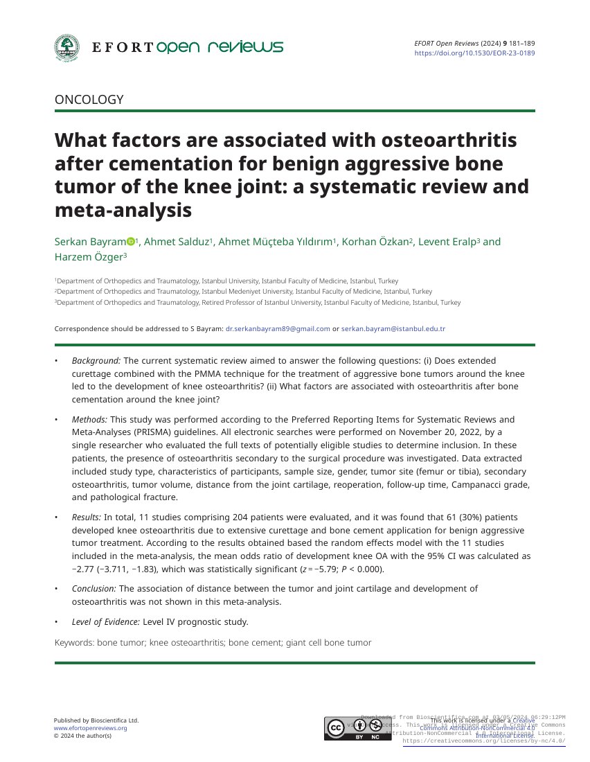 What factors are associated with osteoarthritis after cementation for benign aggressive bone tumor of the knee joint: a systematic review and meta-analysis — ilk sayfa