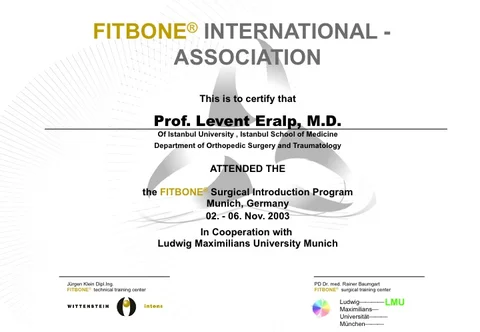 Prof. Dr. Levent Eralp'in motorlu uzatma çivisi eğitim sertifikası, Münih 2003